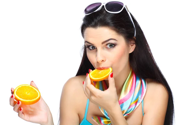 Yüzme takımı ile portakal, turkuaz kız izole duygular, beyaz bir arka plan — Stok fotoğraf