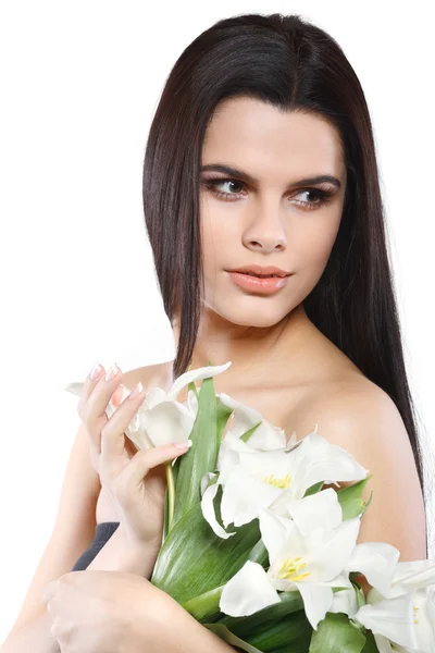 Piękna, młoda dziewczyna z tulipanów, na białym tle na białym tle — Zdjęcie stockowe
