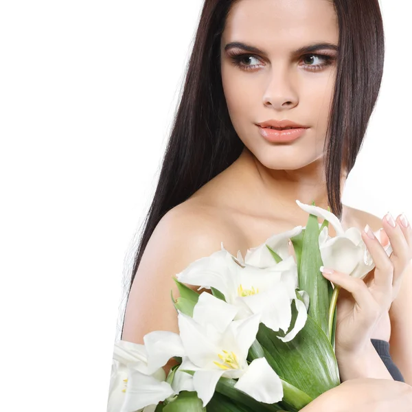 Gyönyörű fiatal lány, tulipán, elszigetelt fehér background — Stock Fotó