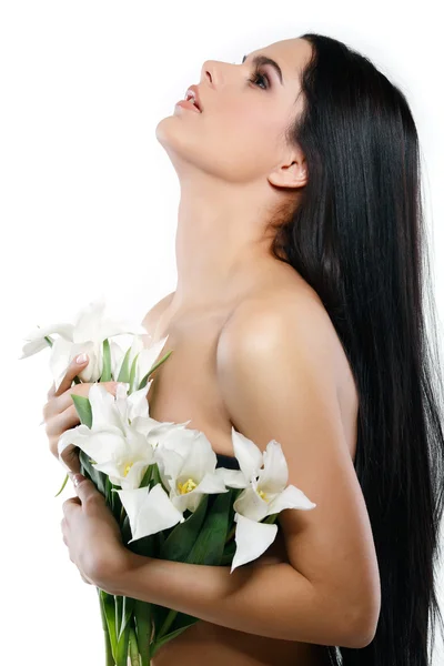 Hermosa joven con tulipanes, aislada sobre un fondo blanco — Foto de Stock