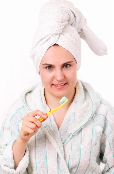 Hermosa joven con cepillo de dientes —  Fotos de Stock