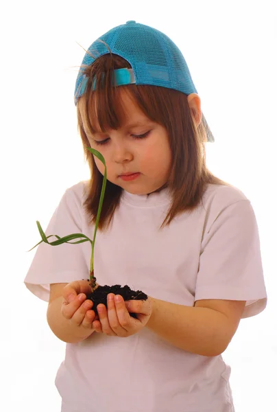 一个小女孩在她的手中保存植物 — 图库照片