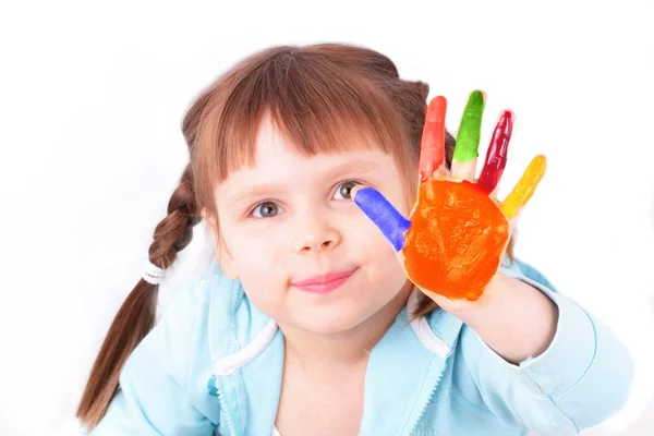 Little girl with colored hand — Stock Photo, Image