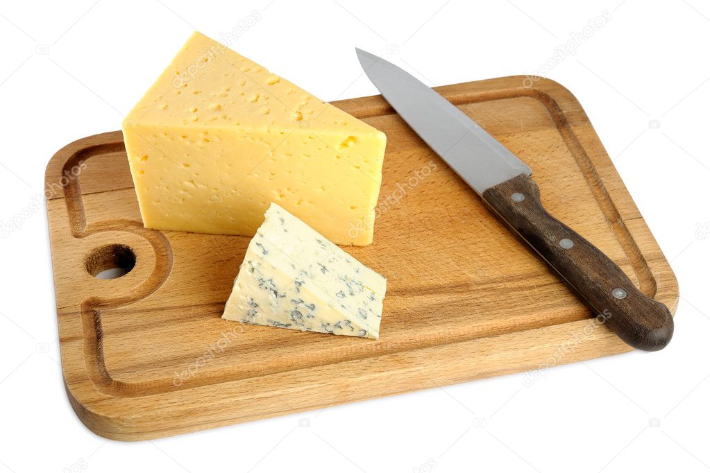 Cheese on cutting board isolated on white background — Stock Photo