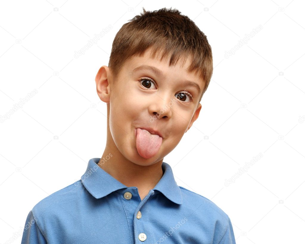 Happy child put out his tongue isolated on white background — Stock