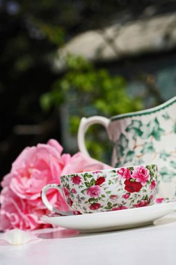 pembe güller ve Bahçe içinde zarif bir çay fincanı