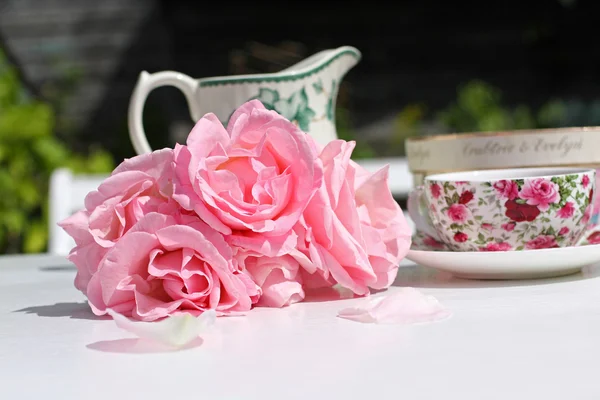 Ροζ τριαντάφυλλα και ένα κομψό φλυτζάνι τσαγιού στον κήπο — Φωτογραφία Αρχείου