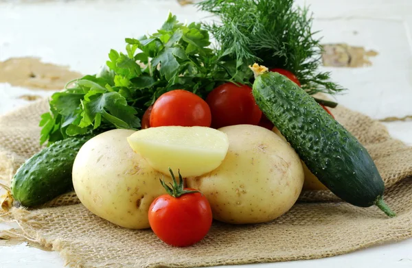Fresh new potatoes and vegetables — Stock Photo, Image
