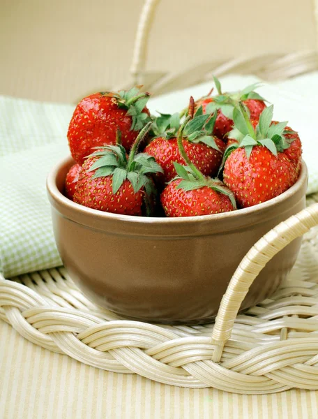 陶瓷碗与成熟的新鲜草莓 — 图库照片