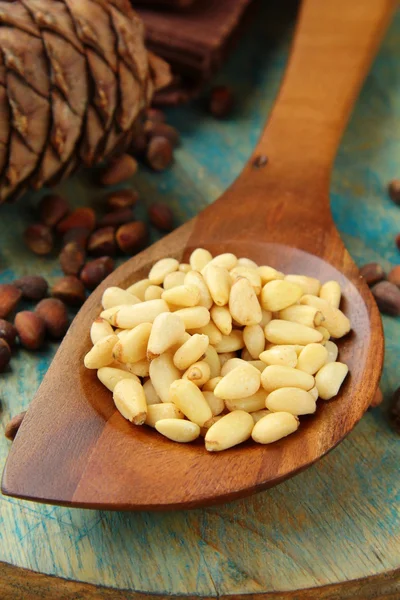 Сосновые орехи в деревянной ложке — стоковое фото