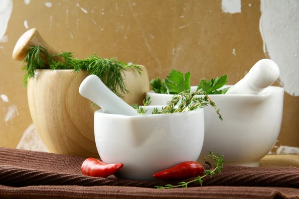 Group of mortars with various herbs — Stock Photo, Image