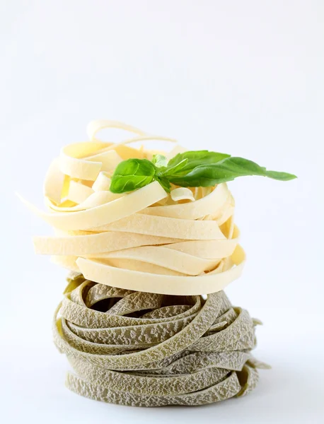 Italian pasta fettuccine nest with basil — Stock Photo, Image