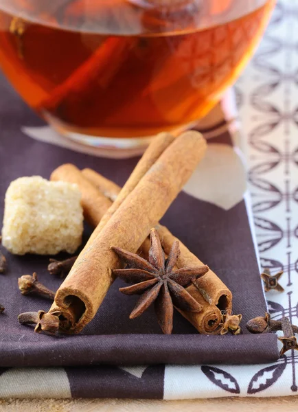 Chá com temperos - canela, um cravo e um anis — Fotografia de Stock