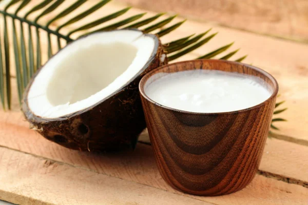 Leite de coco e coco com ramo de palma — Fotografia de Stock