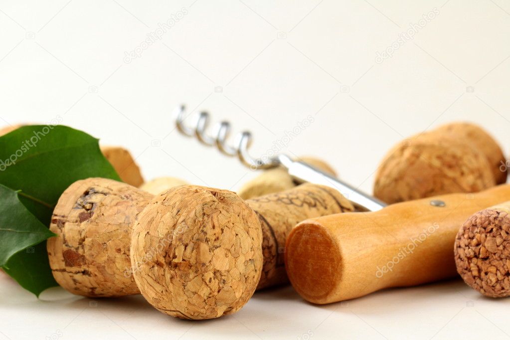 Cork from wine and a corkscrew on white background