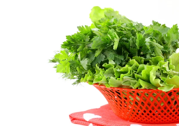 Grama verde fresca salsa dill cebola ervas mistura em uma cesta de vime — Fotografia de Stock