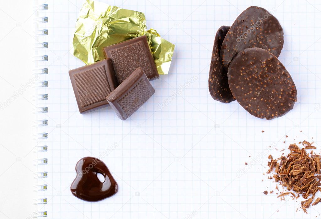 Çikolata cips, fayans, sıvı defter parçası üzerinde farklı türleri