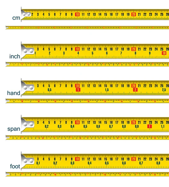 Fita métrica em cm, cm e polegada, cm e mão, cm e vão, cm e pé —  Vetores de Stock