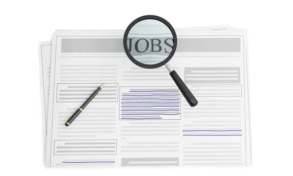 3d ilustración de búsqueda de empleo, periódico, pluma, lupa —  Fotos de Stock