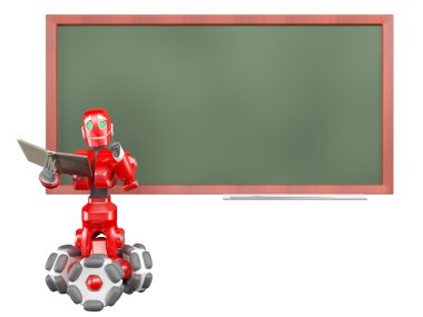 Kırmızı robot bir işaretçi yeşil tahta üzerinde kullanıyor.