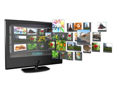 Widescreen TV with streaming video gallery isolated on white ref clipart