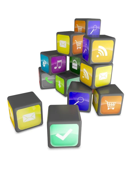 Smartphone industrie concept: kubussen met kleur programmasymbolen — Stockfoto