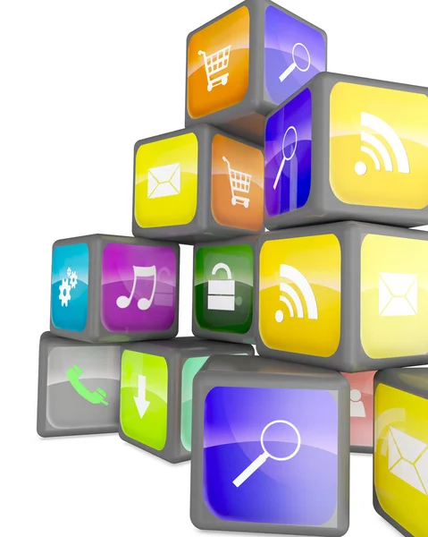 Conceito da indústria Smartphone: cubos com ícones de aplicação de cor — Fotografia de Stock