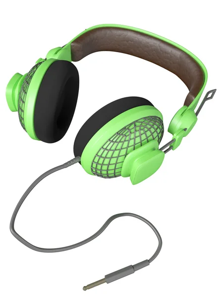 Groene en modieuze hoofdtelefoon met een draad op de tafel — Stockfoto