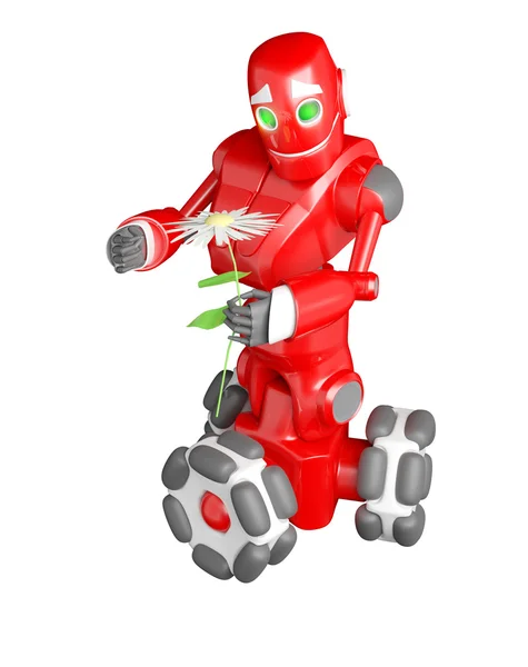 Der rote Roboter hält eine weiße Blume in der Hand — Stockfoto