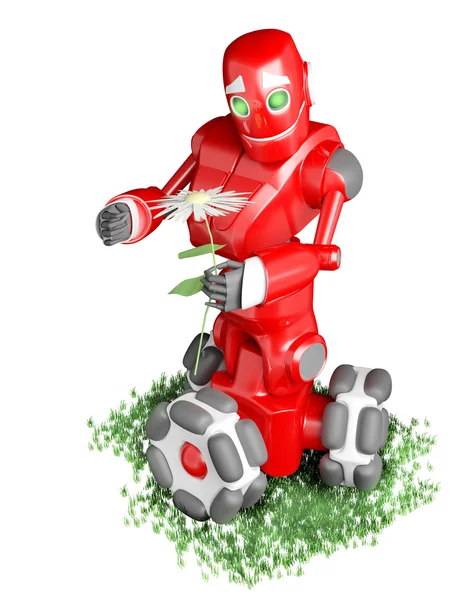 Der rote Roboter hält eine weiße Blume in der Hand — Stockfoto
