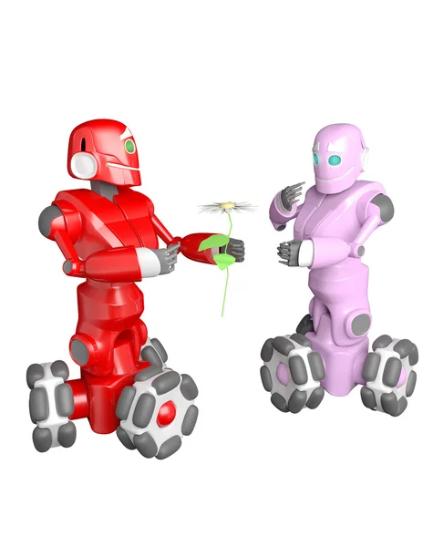 Der rote Roboter schenkt dem Roboter eine rosa Blume — Stockfoto