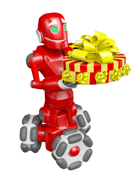 红色的机器人给出非常好的礼物 — 图库照片