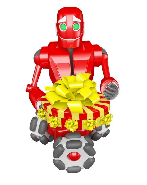 Den røde roboten gir en god gave. – stockfoto