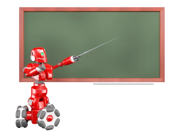 Der rote Roboter steuert einen Zeiger auf die grüne Tafel — Stockfoto