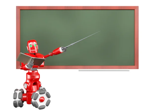 Kırmızı robot bir işaretçi yeşil tahta üzerinde kullanıyor. — Stok fotoğraf
