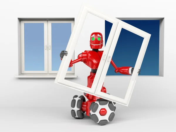 El robot rojo inserta la ventana — Foto de Stock