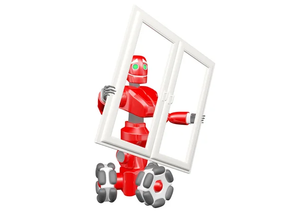 Den røde roboten stikker inn vinduet. – stockfoto