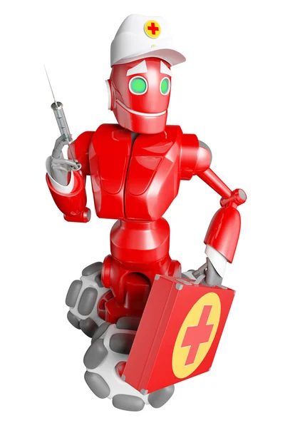 Den røde roboten med legepose. – stockfoto