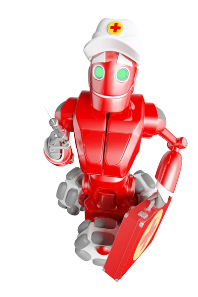 Der rote Roboter mit der medizinischen Tasche in der Hand — Stockfoto