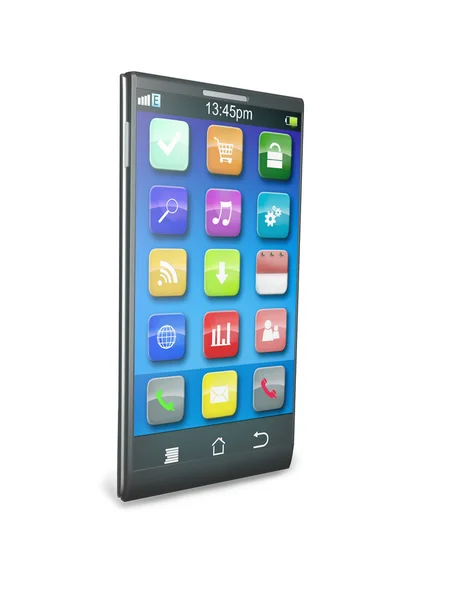 Set de smartphones a color con pantalla táctil aislados en blanco reflectiv —  Fotos de Stock