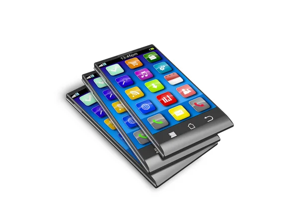 Conjunto de smartphones touchscreen coloridos isolados no refletiv branco — Fotografia de Stock