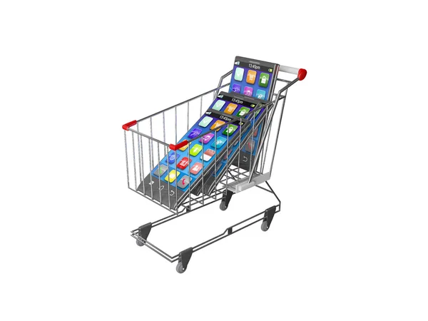 Una ilustración de un teléfono móvil inteligente o tableta PC en las compras —  Fotos de Stock
