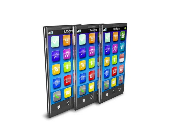 Ensemble de smartphones couleur à écran tactile isolés sur réflectiv blanc — Photo