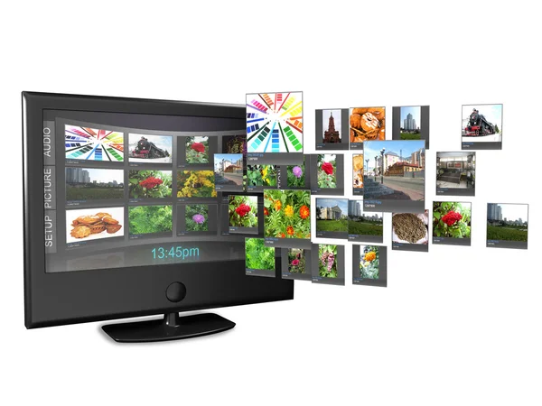 Широкоэкранный телевизор с потоковой видео-галереей изолирован на белом Ref — стоковое фото