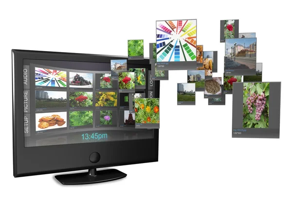 Televisor de pantalla ancha con galería de vídeo en streaming aislado en blanco ref —  Fotos de Stock