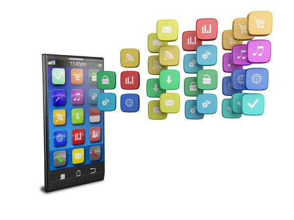 Pekskärm smartphone med moln av färgglada programikoner — Stockfoto