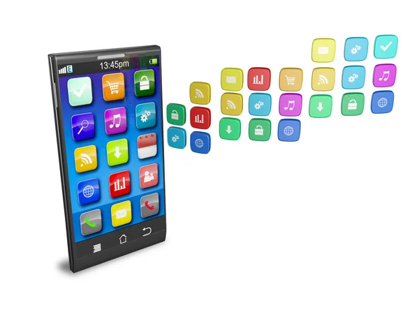 Smartphone à écran tactile avec nuage d'icônes d'application colorées — Photo