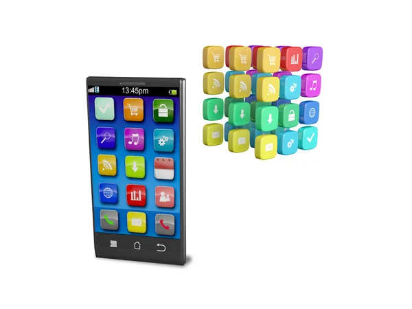 Smartphone Touchscreen com nuvem de ícones de aplicativos coloridos — Fotografia de Stock