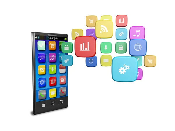 Touchscreen smartphone with cloud of colorful application icons — Stock Photo, Image