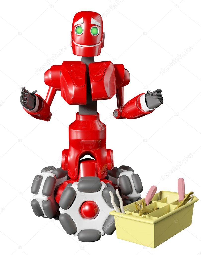 The red robot with a box of tools